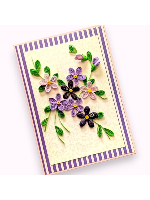 Assorted Purple quilled flowers greeting card