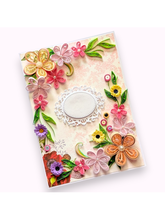 Pink Quilled Flowers Corner Greeting Card