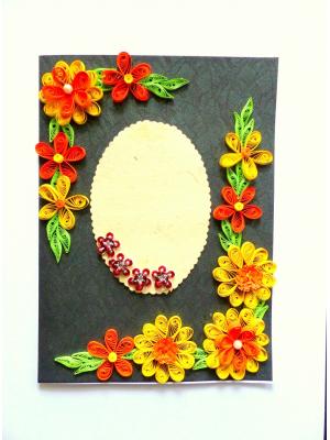 Yellow and Orange Quilled Flowers On Green Card