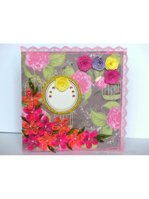 Lovely Pink Corner Quilled Flowers Greeting Card