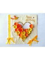 Yellow Themed Quilled Flowers in Heart Greeting Card