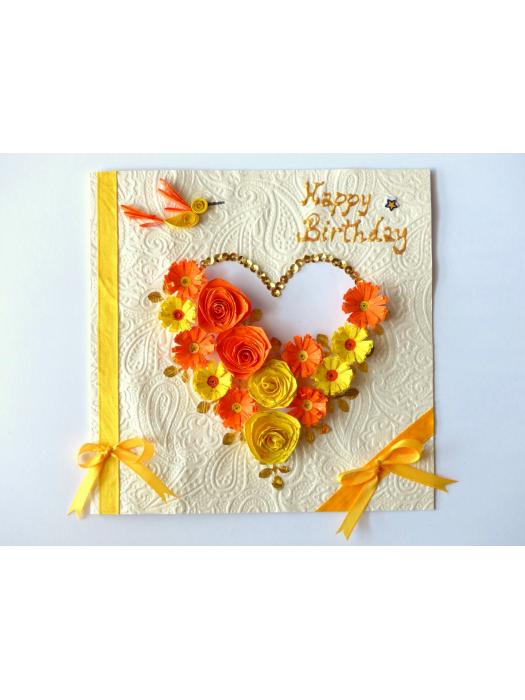 Yellow Themed Quilled Flowers in Heart Greeting Card image