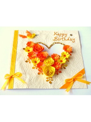 Yellow Themed Quilled Flowers in Heart Greeting Card