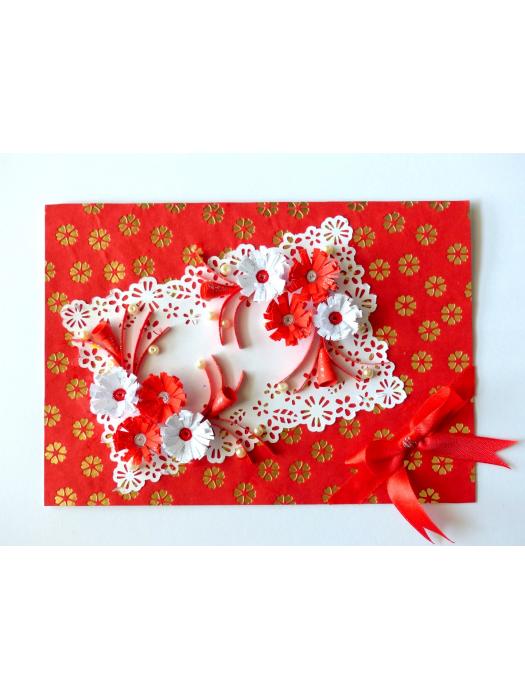 Red Themed Quilled White and Red Flowers Greeting Card