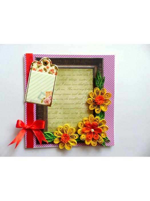 Quilled Yellow Corner Flowers In Photo frame greeting card image