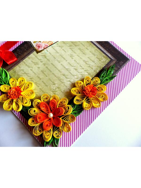 Quilled Yellow Corner Flowers In Photo frame greeting card image