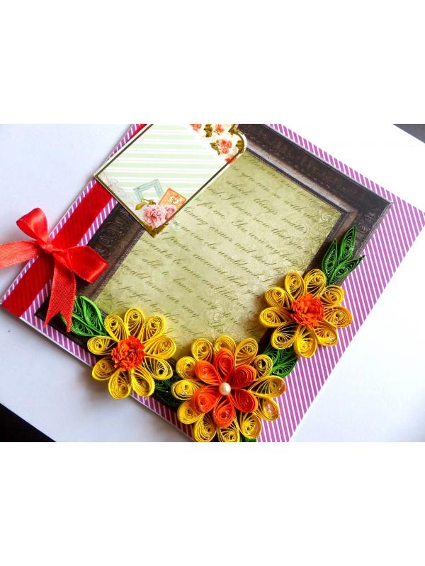 Quilled Yellow Corner Flowers In Photo frame greeting card image