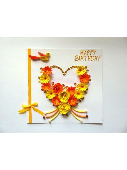 Yellow Themed Quilled Flowers in Heart Greeting Card