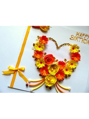 Yellow Themed Quilled Flowers in Heart Greeting Card