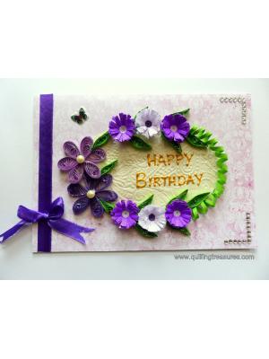 Purple Quilled Flowers in Circle Greeting Card