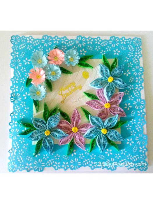 Sparkling Blue Lace and Themed Flowers Greeting Card