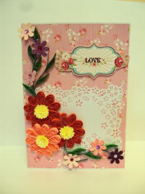 Red And Pink Quilled Flowers Love Greeting Card