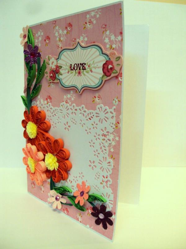 Red And Pink Quilled Flowers Love Greeting Card image