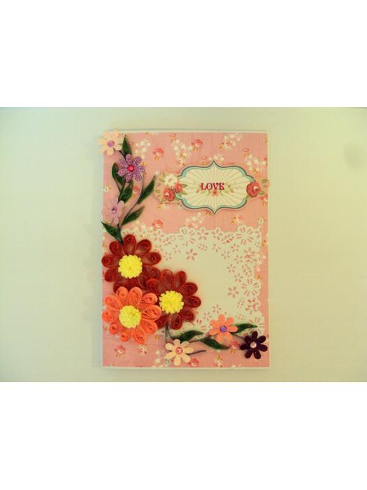 Red And Pink Quilled Flowers Love Greeting Card image