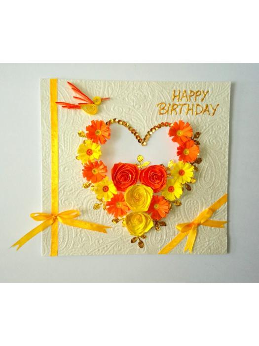 Yellow Themed Quilled Flowers in Heart Greeting Card image