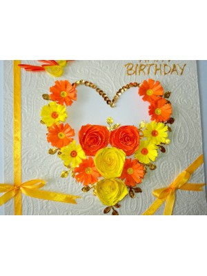 Yellow Themed Quilled Flowers in Heart Greeting Card
