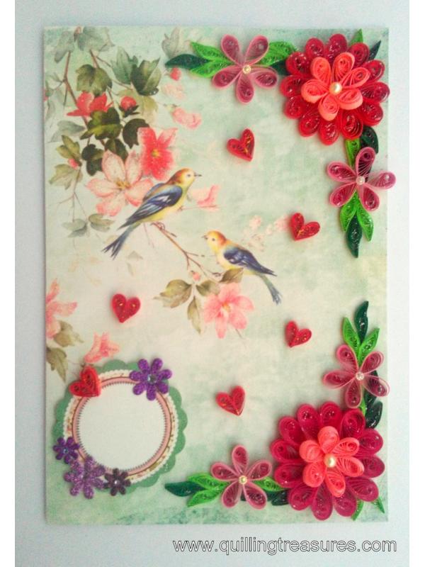 Beautiful Love Birds Quilled Flowers Greeting Card image