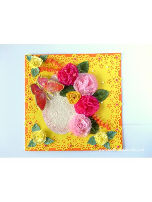 Yellow Paper Lace Border With Pink Flowers Greeting Card