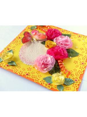 Yellow Paper Lace Border With Pink Flowers Greeting Card