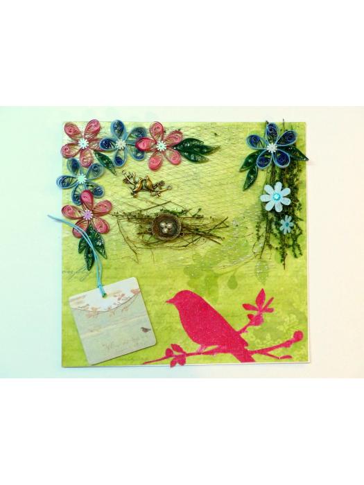 Birds in Love with Nest And Quilled Flowers Greeting Card image