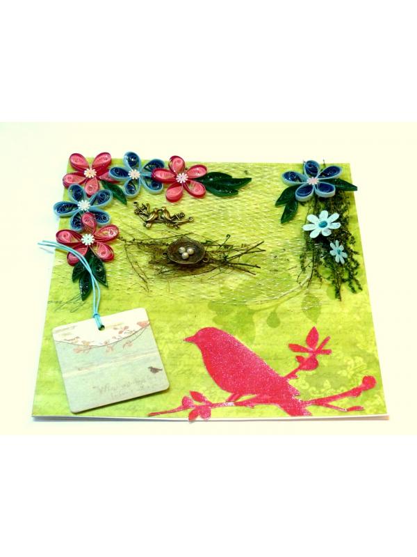 Birds in Love with Nest And Quilled Flowers Greeting Card image