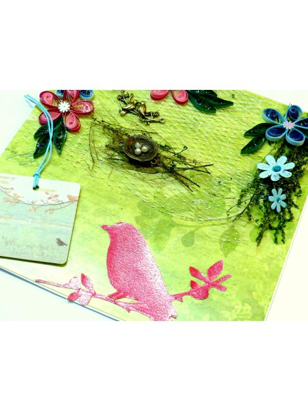 Birds in Love with Nest And Quilled Flowers Greeting Card image