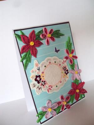 Blue and Pink Quilled Flowers Greeting Card