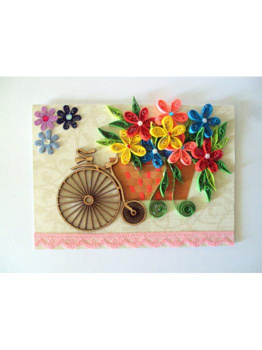 Multicolor Bicycle Flower Basket Quilled Greeting Card image