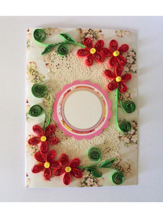Red Quilled Flowers Corners Greeting Card