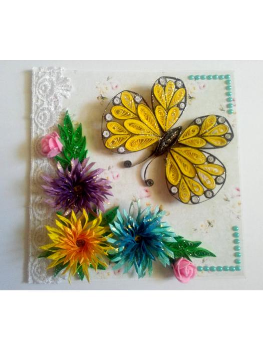 Sparkling Quilled Butterfly and Flowers Greeting Card