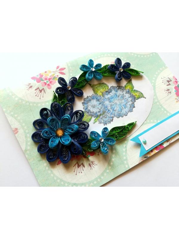 Sparkling Quilled Blue Flowers in Circle Greeting Card image