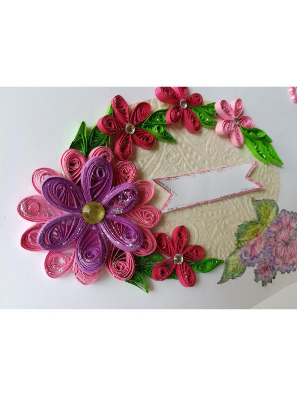Sparkling Quilled Pink Flowers in Circle Greeting Card image