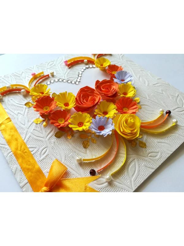 Yellow Themed Quilled Flowers in Heart Greeting Card