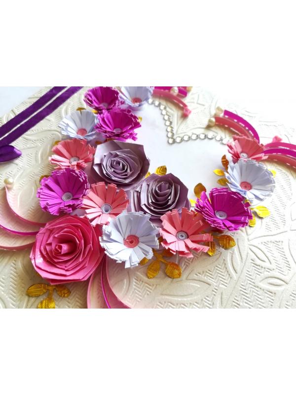 Pink Purple Themed Flowers in Heart Greeting card image