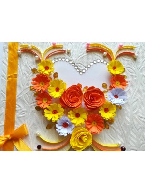 Yellow Themed Quilled Flowers in Heart Greeting Card