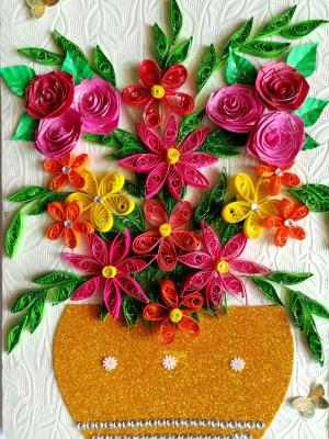 Sparkling Basket Full Quilled Flowers Greeting Card
