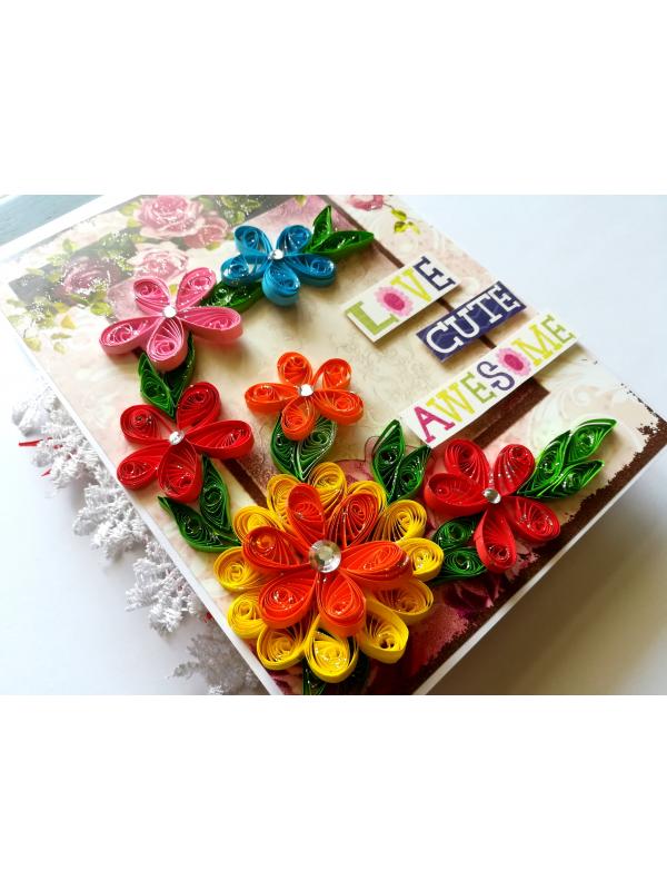 Multicolor Quilled flowers Mini Scrapbook Greeting Card