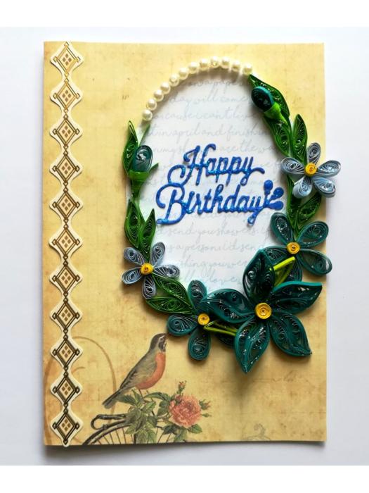 Blue Quilled Corner Flowers Birthday Greeting card image
