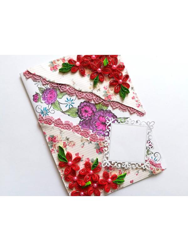 Red Quilled Flowers with Sparkling Stamped Base Greeting Card