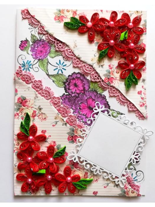 Red Quilled Flowers with Sparkling Stamped Base Greeting Card