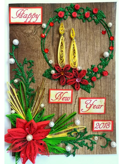 Red Quilled and Wreath New Year Handmade Greeting Card image