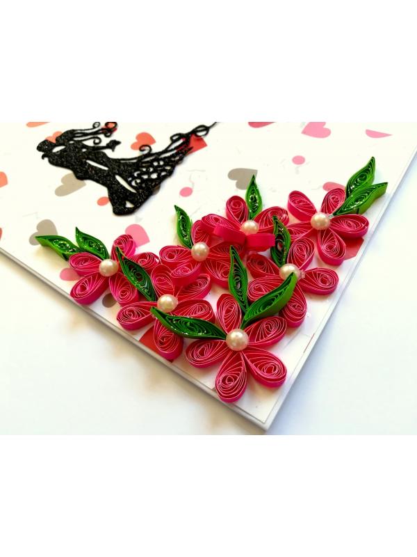 Pink Quilling Flowers Corner Love Greeting Card image