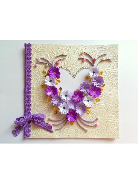 All Purples Quilled Flowers in Heart Greeting Card image