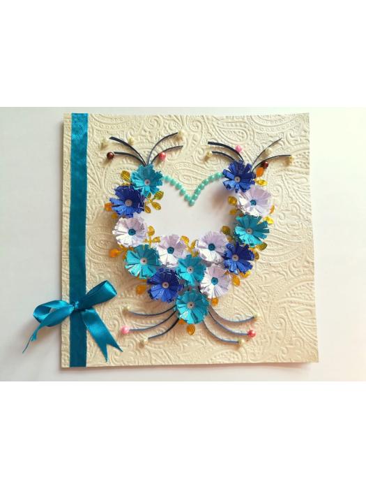 All Blues Quilled Flowers In Heart Greeting Card