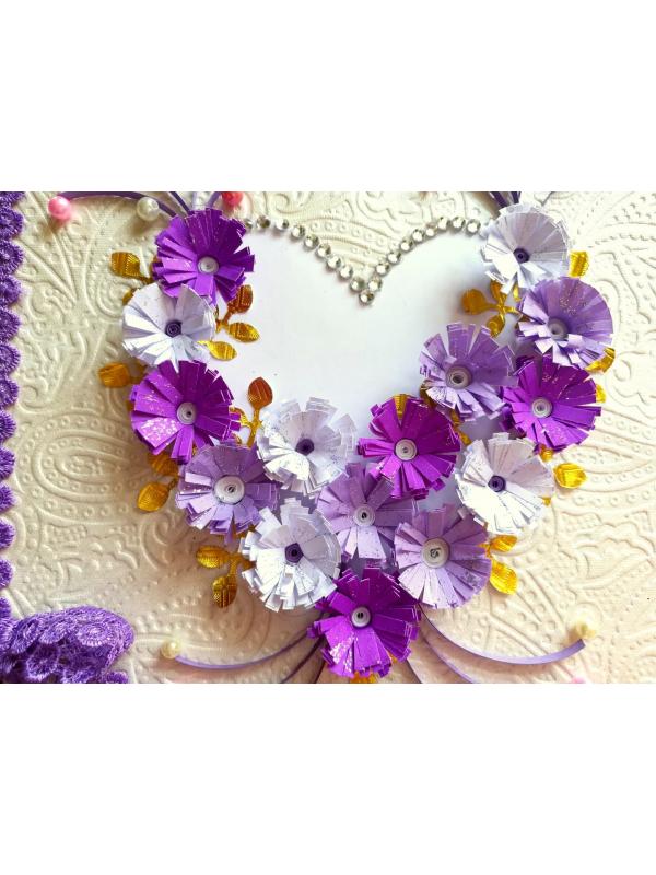All Purples Quilled Flowers in Heart Greeting Card image