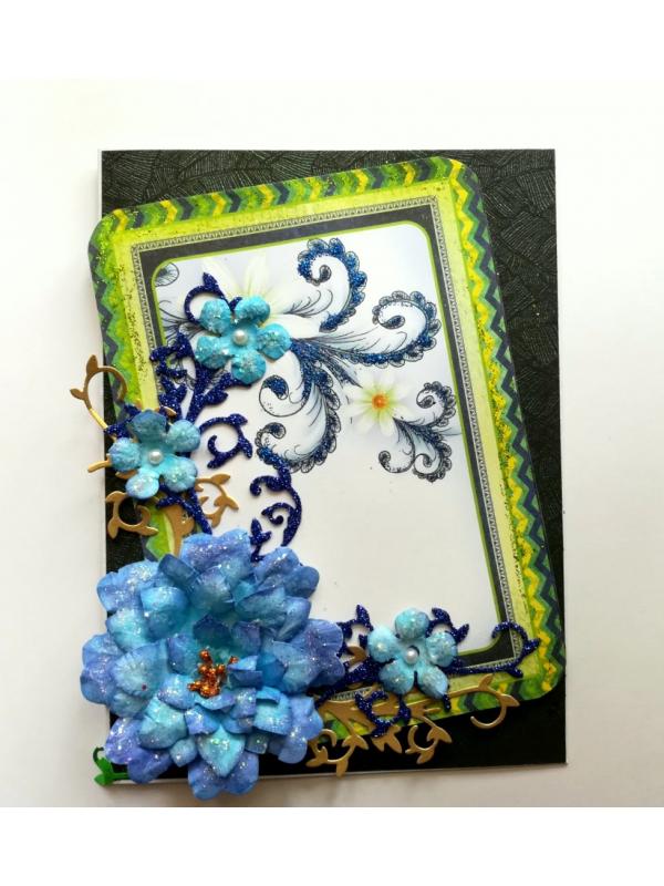 Sparkling Handmade Blue Paper Flowers Corner Greeting Card image