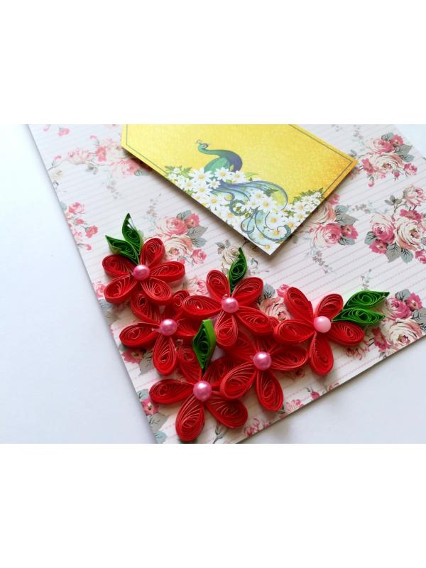 Red Quilled Flowers Corner Greeting Card