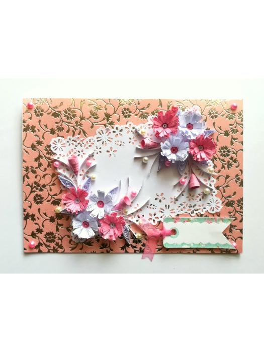 Sweet Pink Quilled Flowers With Paper Lace Greeting Card image