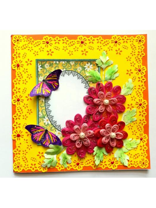 Yellow Paper Lace with Quilled Flowers Greeting Card