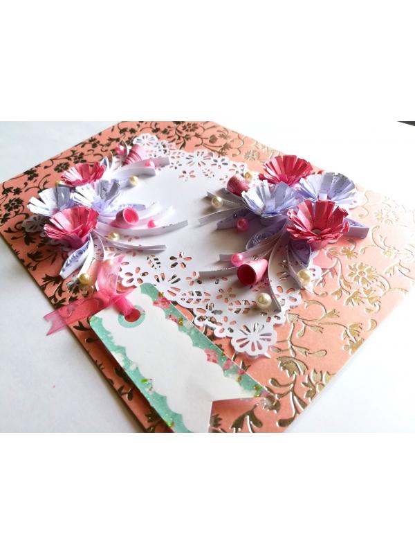 Sweet Pink Quilled Flowers With Paper Lace Greeting Card